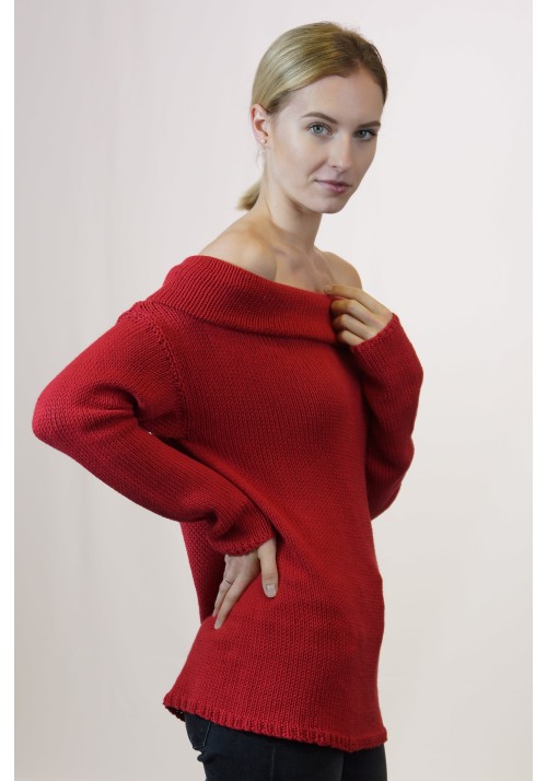 Raudonas Atvirais Pečiais Megztinis